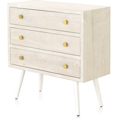 Commode bois blanc effet patiné et poignées dorées élégantes - blanc patiné bois clair doré (1/5)