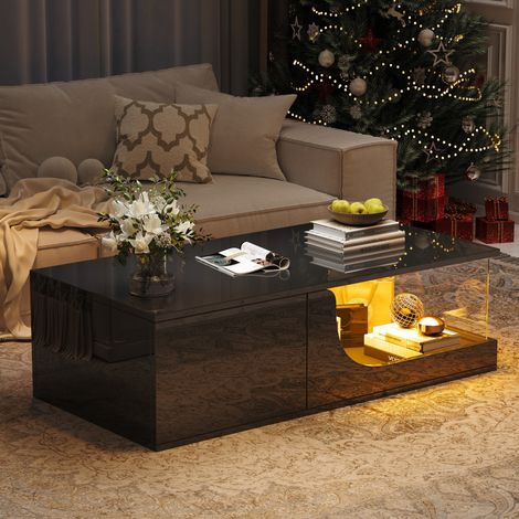 Table basse 100x50x30 cm noire en MDF et verre trempé avec LED et 2 tiroirs (1/5)