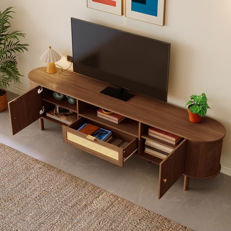 Meuble TV avec 2 Portes, Niche Ouverte et Tiroir, Design Incurvé, pour Salon, MDF, Marron, 175×36×51 cm (1/5)