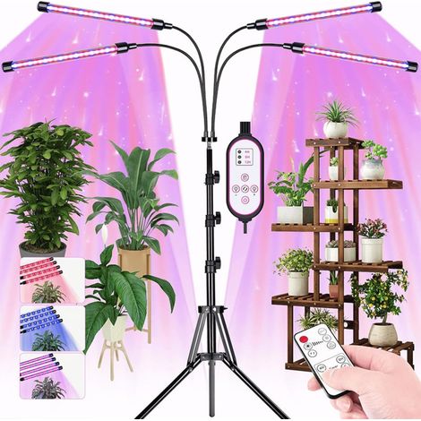 Lampe Horticole LED Avec Support, Lampe Horticole sur Pied à 4 Tubes, Filaire et Télécommandée, 80 LED, 10 Niveaux de Luminosité pour Plantes D'Intérieur (Version Avec Prise USB) (1/5)