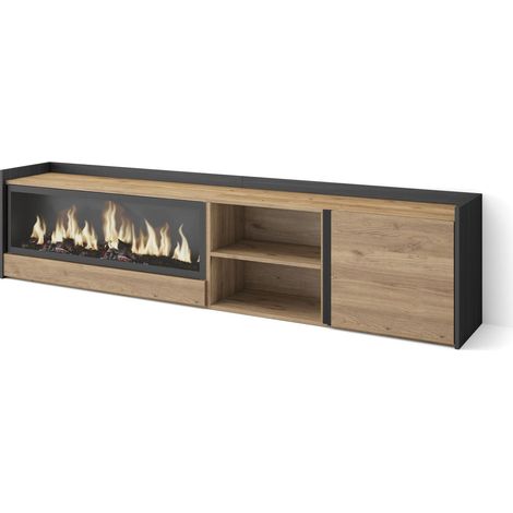 Skraut Home - Mueble TV, Televisión, Muebles de salón, almacenaje, 212x35x50cm, Para TV hasta 80", Chimenea eléctrica XXL, Estilo Moderno, Roble y negro (1/5)