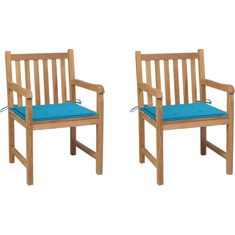 vidaXL Sillas de jardín 2 uds madera maciza de teca con cojines azules (1/4)