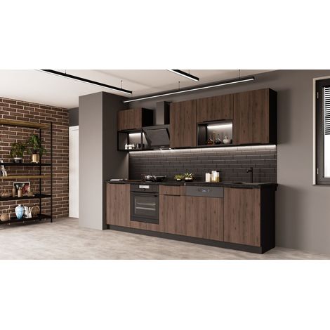 Küche MONZA BASIC LOFT 280 cm Küchenzeile Küchenblock Einbauküche Nussbaum Okapi matt + Schwarz matt (1/5)