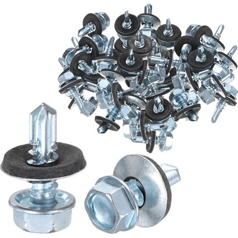 50-Pack Vis Auto-Foreuses Avec Joint En Caoutchouc M6.3 x 19mm Acier Carbone Zingué Tête Hexagonale Vis Auto-Taraudeuses Pour Toiture Métallique/Panneaux De Bardage (1/5)