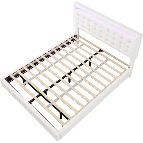 Doppelbett mit Verstellbarem Kopfteil und LED-Beleuchtung 140×200 cm, ohne Matratze, aus PU, Weiß (1/4)