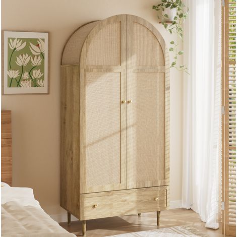Armadio alto 79x50x175 cm con 2 ante in legno, 1 cassetto, ripiano, in MDF, naturale (1/5)