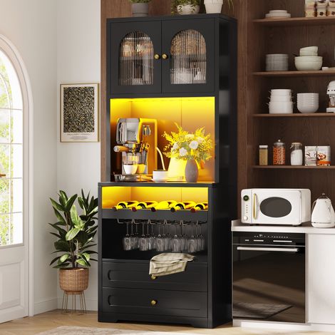 Armario alto con puertas de cristal curvadas (70x40x180 cm), iluminación LED, estantes regulables, MDF negro (1/5)