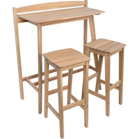 Ensemble bar de jardin - ZANZIBAR - Bois d'Acacia FSC - 1 table haute 100x44,5xH.112 cm - 2 tabourets 35x37xH.72 cm - 2 personnes (1/5)