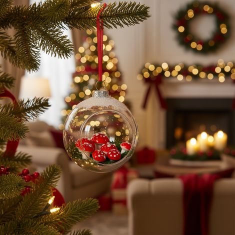 Decoris Sfera Natale Vetro Trasparente 8 cm Motivo Fungo Invernale (1/4)