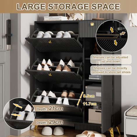 Armoire à chaussures avec 3 portes, 1 compartiment et 1 porte. Étagère pour les chaussures. Armoire à chaussures de couleur noire. Dimensions : H 121 cm / L 90 cm / P 25 cm (ancien numéro de produit N