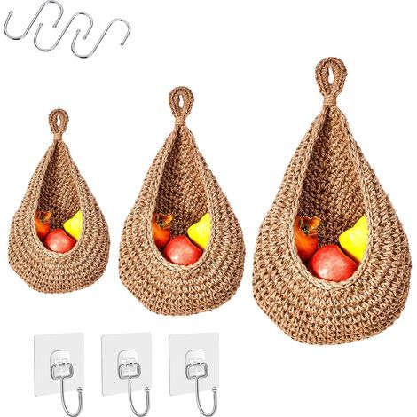 Set di 3 cestini sospesi in cotone intrecciato a mano per frutta e verdura, con 3 ganci e 3 adesivi da parete inclusi. Soluzione decorativa per riporre oggetti in cucina. (1/5)