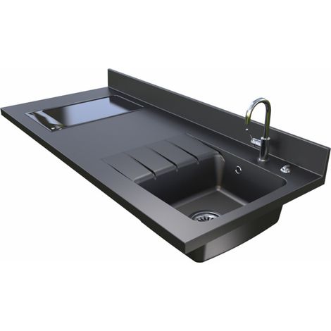 PlaniQuartz einteilige Arbeitsplatte mit rechtem Waschbecken Ò 140 cm NERO (1/5)