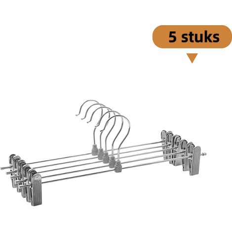 Lot de 5 cintres à pantalons en acier inoxydable, avec pinces réglables, antidérapants et adaptés à la penderie. Couleur argent. (1/5)