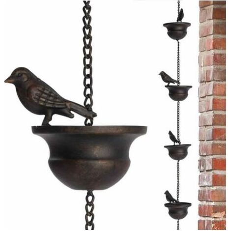 Chaîne de Pluie pour gouttière, chaînes de Pluie pour l'extérieur - Carillons de Pluie pour gouttière, Oiseaux sur Bassin de Tasses - Carillons de Pluie de 7,8 Pieds avec Cintre attaché et 8 (1/4)