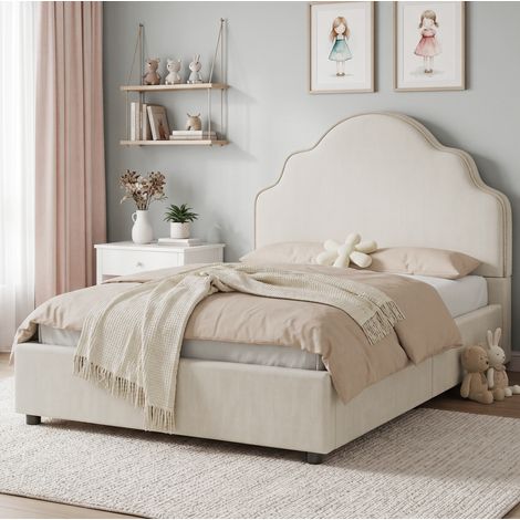 Lit enfant 90x200 cm en lin beige, facile à monter pour chambre, sans matelas FloraGrace (1/5)
