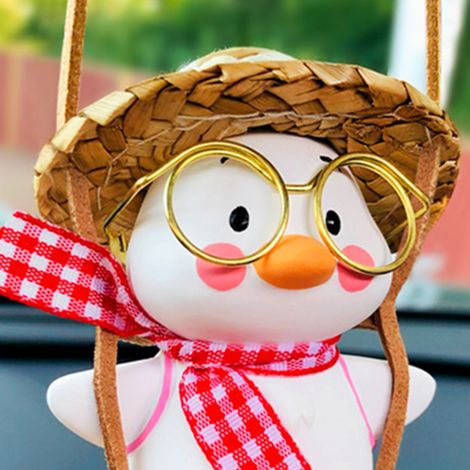 Pendentif canard oscillant pour rétroviseur décor intérieur auto avec chapeau de paille et nœud rouge accessoire suspendu (1/4)