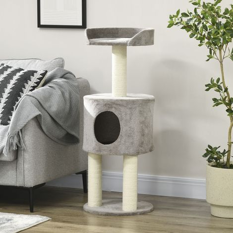 Árbol para gatos con postes rascadores, sisal natural, árbol para trepar, guarida y plataforma de felpa, 103 cm de alto, gris.