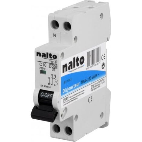 Disjoncteur unipolaire 10A – Courbe de déclenchement type C – Connexion à vis – 3kA pour protection éclairage et chauffage – Nalto