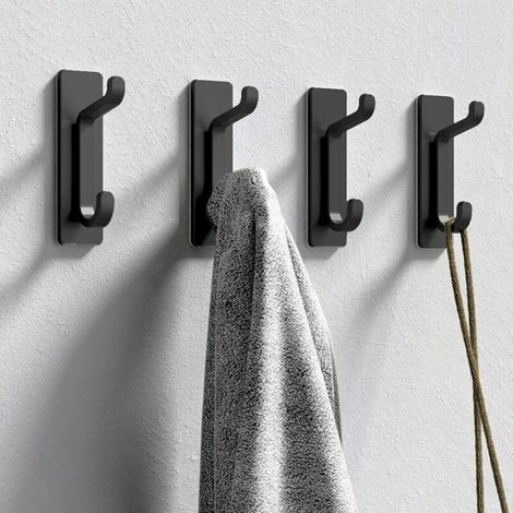 Adhesive wall hook, bathroom towel rack, kitchen towel hook, adhesive coat rack, wall mounting without drilling, waterproof, rustproof, black, set of 4 (1/5)