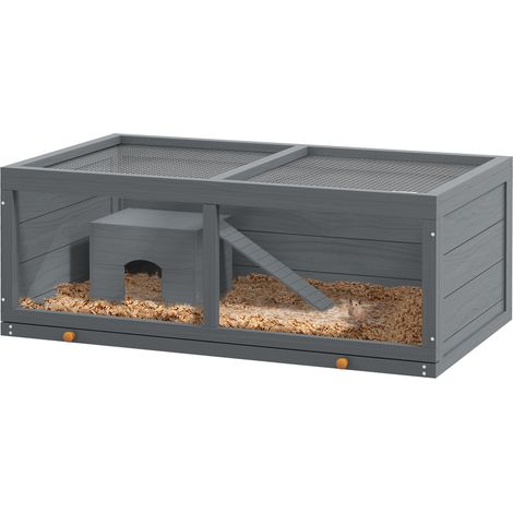 PawHut Wooden Hamster Cage w/ Sliding Tray, Openable Top, Hut, Grey (1/5)