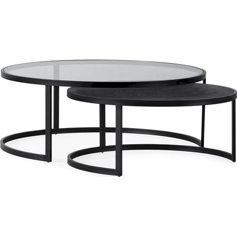Table basse design en verre trempé et chêne - Chic noir contemporain avec bois foncé (1/4)