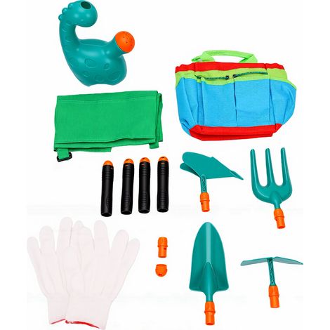 Ensemble d'outils de jardinage pour enfants comprenant arrosoir, gants, pelle, râteau, fourche et sac. Idéal pour le jardinage des tout-petits. (1/5)