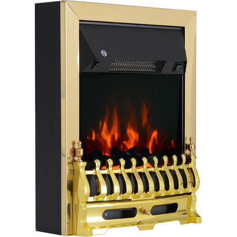 HOMCOM Elektrokamin mit Heizung, elektrischer Kamin mit LED Flammeneffekt, 1000/2000W Dekokamin, elektrisch Kaminfeuer Kaminofen, Gold (1/5)