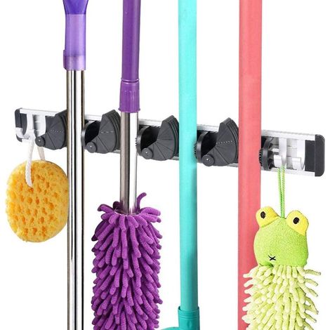 Nouveau Porte balais Mural Multifonctions,Mop Crochet Support de Rangement avec 4 Emplacements Mobile 4 Crochets Mobile, Range Outils Mural Gain d'Espace pour Garage Jardin -Tourne VIS Offert (1/5)