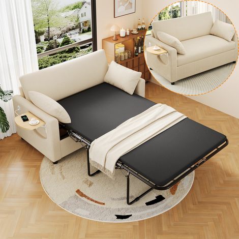 Canapé‑lit 2 places beige extensible, port USB, table latérale pliable, matelas, draps et coussins inclus (1/5)