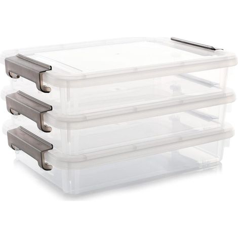 EASYCOMFORT Bacs de rangement en plastique avec couvercles verrouillables, boîtes à dossiers transparentes empilables, paquet de 3 (1/5)