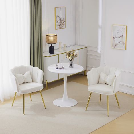 Ensemble de 2 fauteuils modernes en velours avec dossiers pétales, pieds métal doré et coussins papillon — salon, salle de bain, salle à manger (1/4)