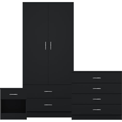 Riano 3 Piece Bedroom Set (1 Drw Bedside Chest, 4 Drw Chest, 2 Door 2 Drw Wardrobe), Black (1/3)