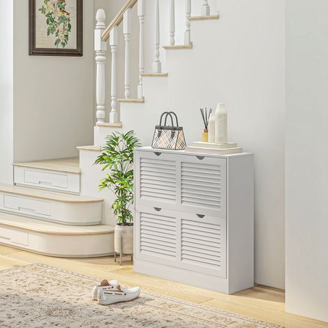 Armoire à chaussures de couloir pour 16 paires - 81,5x25x83 cm - 2 portes rabattables avec étagère réglable - blanc (1/4)