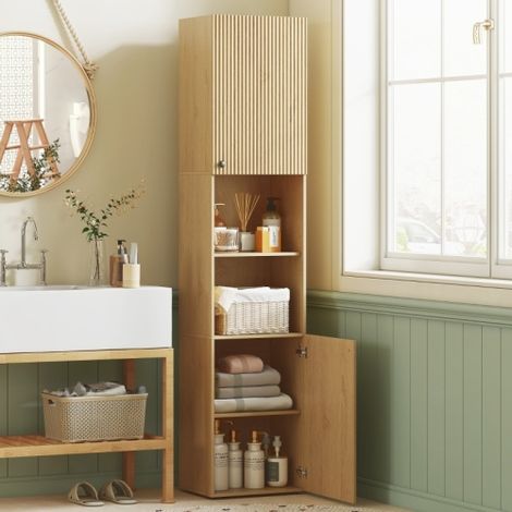 Meuble salle de bain haut 40x31x182 cm, 6 niveaux, 2 portes, 2 étagères ouvertes, niches - Bois couleur chêne (1/5)