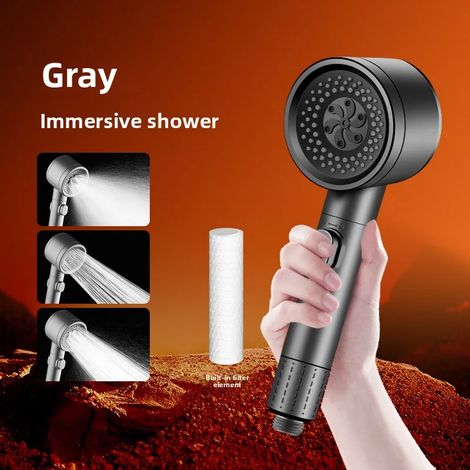 Pommeau de douche filtrant à trois vitesses réglables (gris), arrêt automatique du débit d'eau par simple pression d'un bouton, douchette à main haute pression (1/5)