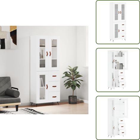 The Living Store Buffet haut Blanc 69,5x34x180 cm Bois d'ingénierie - Buffet Design Moderne - Meuble Rangement Blanc - Armoire Cuisine - Commode Salon - Étagère Murale (1/5)