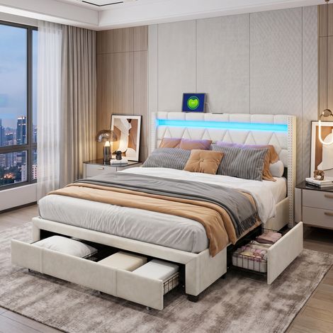 Cama tapizada con cajones 160 x 200 cm, somier de láminas, LED inteligente con modo música y carga USB, lino, beige (1/5)