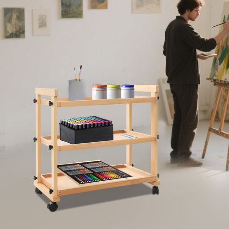 3-stöckiges Kunstwagen-Aufbewahrungs-Organizer aus massivem Buchenholz, Roll-Utility-Studio-Taboret mit Rollen, multifunktionales Aufbewahrungswagen-Walnuss