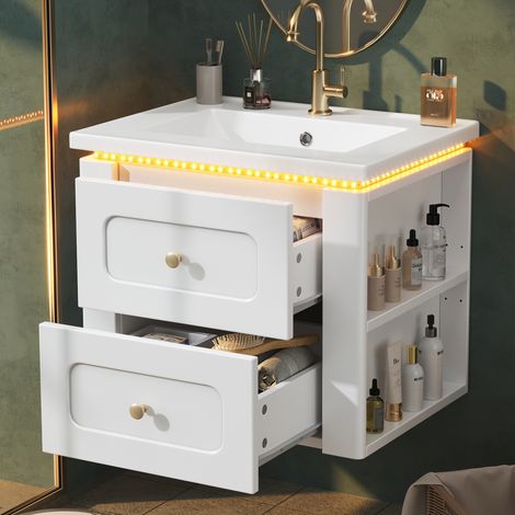 Meuble de salle de bains suspendu 61 cm avec vasque en céramique, LED, 2 tiroirs et étagère MDF blanc (1/5)