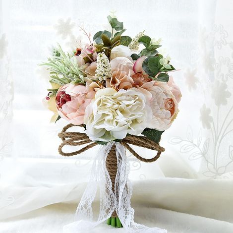 Ramo de peonías y rosas artificiales Winysin, ramo de boda hecho a mano para damas de honor, ramo de novia de seda.