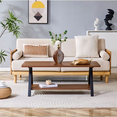 Tavolino da caffè 110x57x44.5 cm noce in MDF con struttura in metallo nero e ripiano contenitore (1/5)