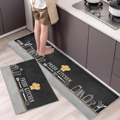 Lot de 2 Tapis de Cuisine - Velours Antidérapant - Absorbant Eau et Huile - Pour Intérieur et Salle de Bain - 43x75 et 43x150 cm (1/5)