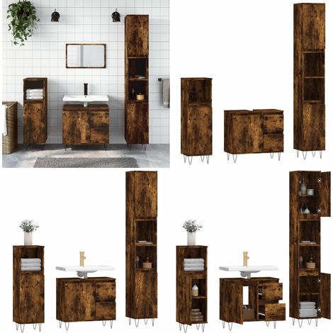 Set Mobili da Bagno 3 pz Rovere Fumo in Legno Multistrato - Mobili da bagno - Armadietto lavello