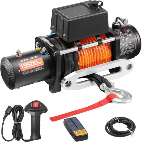 VEVOR Treuil Electrique 12 V CC Capacite de Charge 6100 kg avec Corde Synthetique Φ 9,5 mm x 24 m, Telecommande Sans Fil et Filaire, pour Remorquage SUV Tout-terrain, Jeep, Camion, Remorque, Bateau