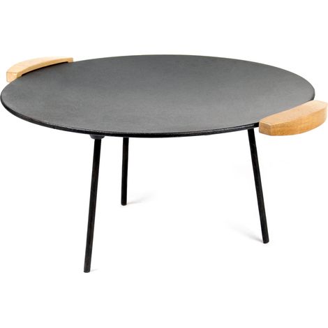 Wiltec Piastra per barbecue fuoco in ghisa, liscia, rotonda Ø44cm altezza 44 cm manici in legno piedi 20 e 32cm