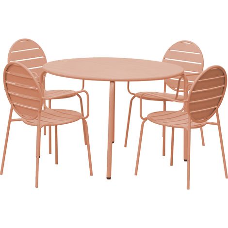 Ensemble table 110 cm + 4 fauteuils ronds en métal terracotta - BACA