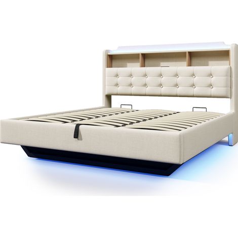 Cama tapizada 180 x 200 cm beige con LED, arcón hidráulico, puertos USB y USB-C, HOMVRA (1/5)
