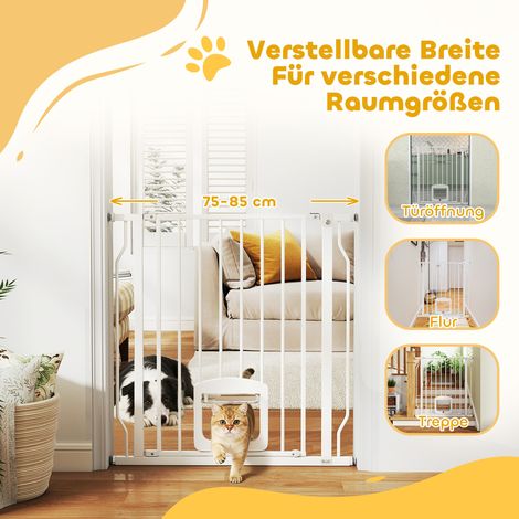 Barrière de sécurité pour chien avec passage pour chat, sans vis, 75-85 cm, acier blanc, pour escaliers et portes
