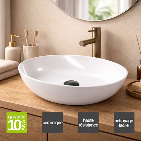 Vasque à poser ovale en céramique blanc brillant L41 x l33 x Profondeur 14,5 cm – SANIZEO Danaé - Idéale pour salle de bain moderne (1/5)