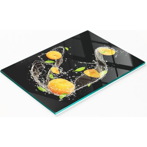 Elegante e resistente tagliere da cucina in vetro con motivo albicocca e acqua, 80x52 cm. (1/5)